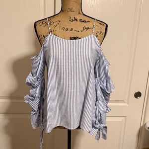 Blue & White Striped Cold-Shoulder Tie-Sleeve Tank Top